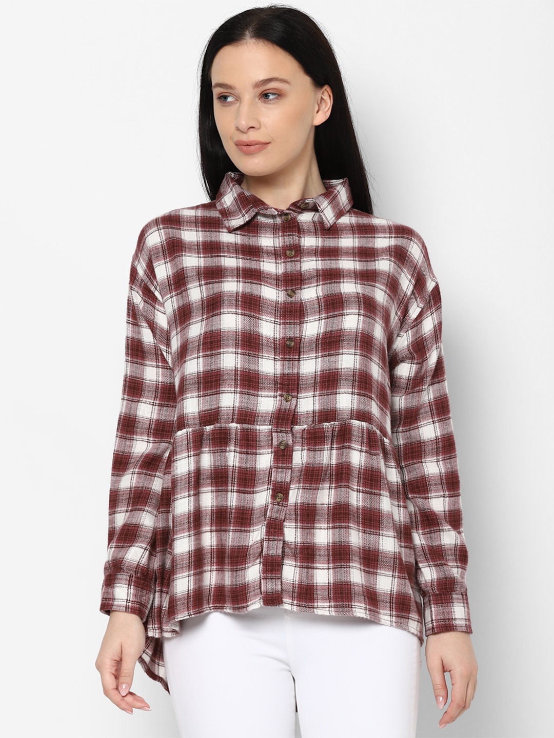 

AMERICAN EAGLE OUTFITTERS Women Burgundy & White Tartan Checked Casual Shirt