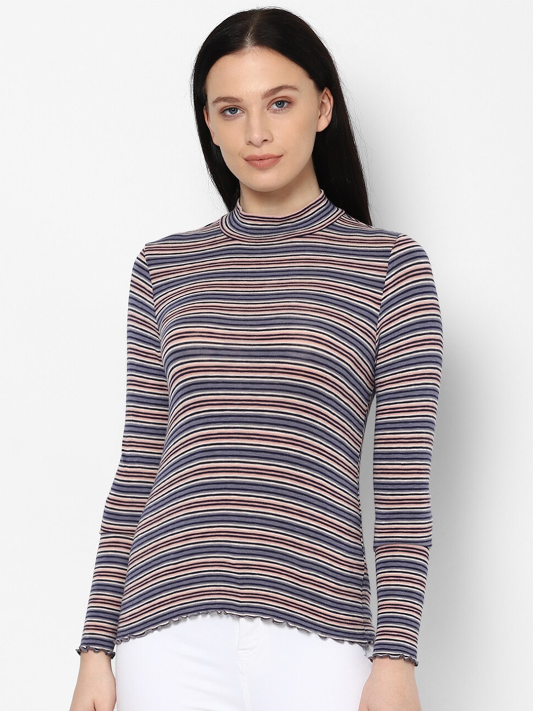 

AMERICAN EAGLE OUTFITTERS Women Navy Blue Striped High Neck T-shirt