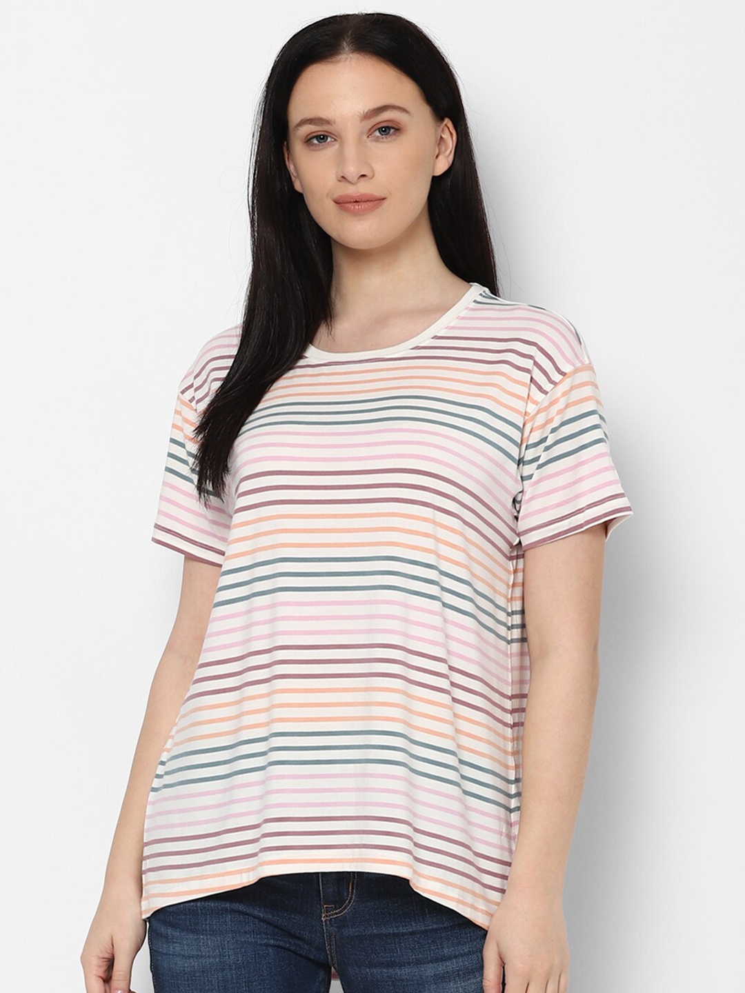 

AMERICAN EAGLE OUTFITTERS Women Cream-Coloured & Pink Striped T-shirt