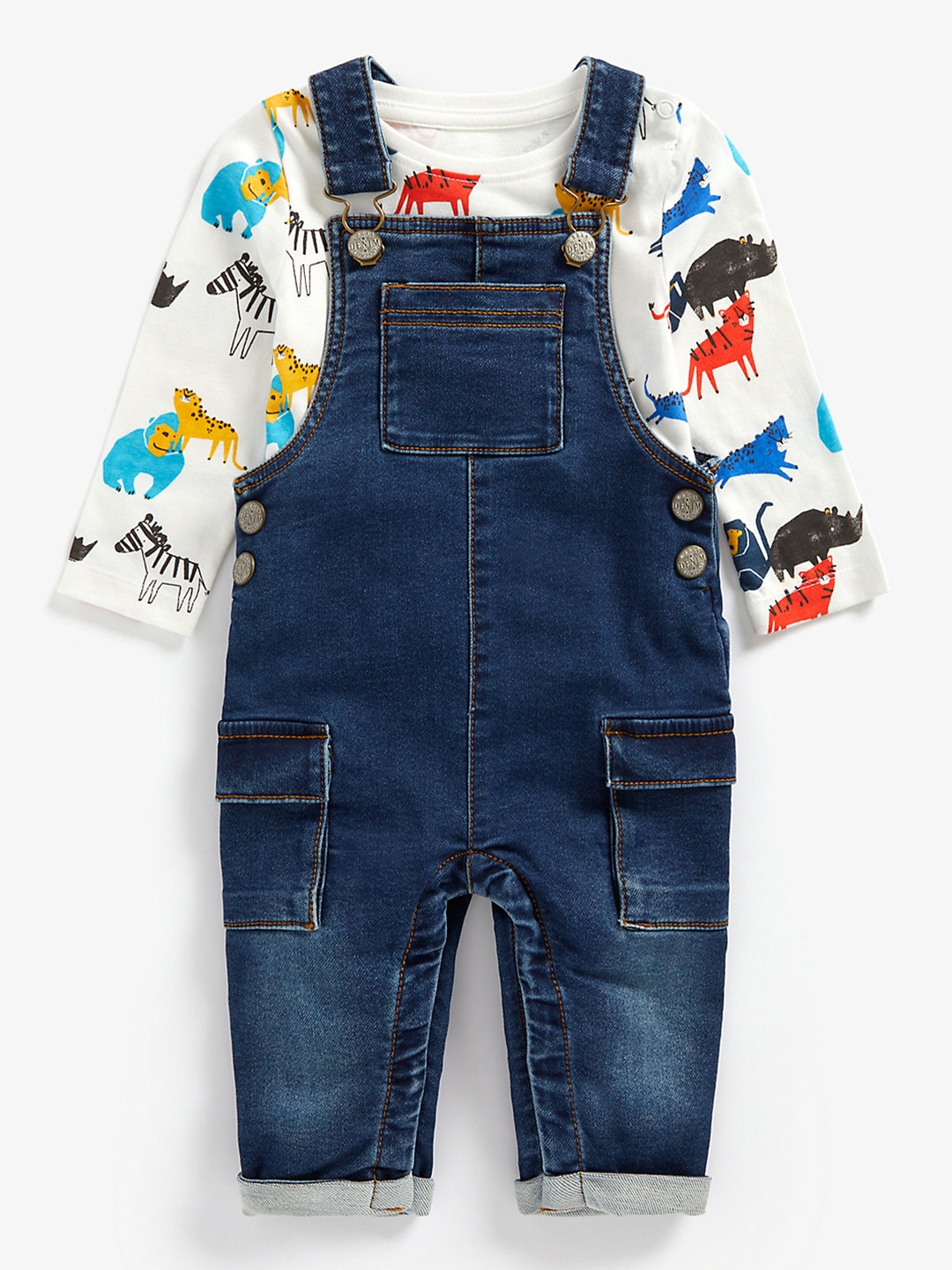 

mothercare Boys Blue & White Printed Denim Dungaree