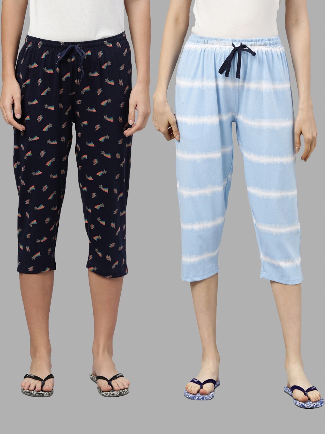 

Kryptic Women Pack Of 2 Navy Blue & Blue Printed Capris