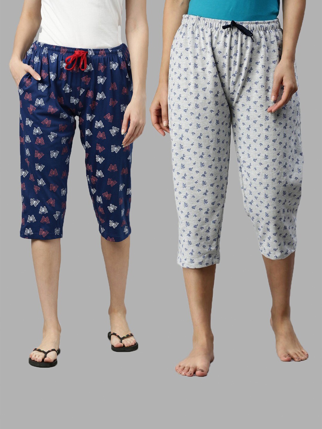 

Kryptic Women Pack Of 2 Navy Blue & Grey Melange Printed Capris
