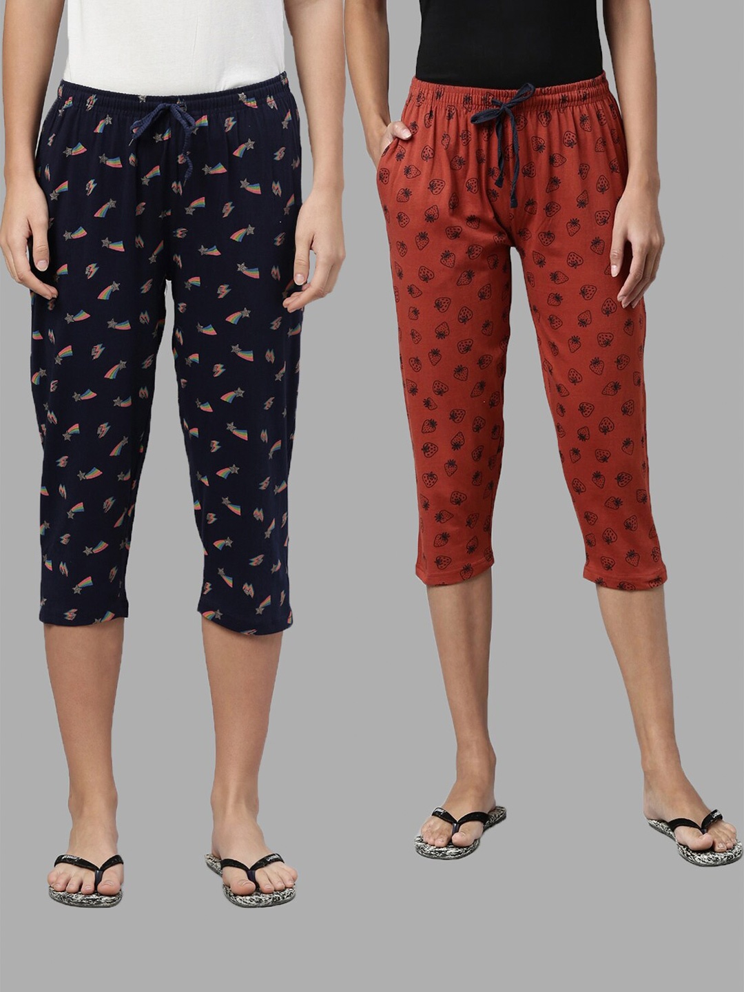 

Kryptic Women Pack Of 2 Navy Blue & Rust Printed Capris