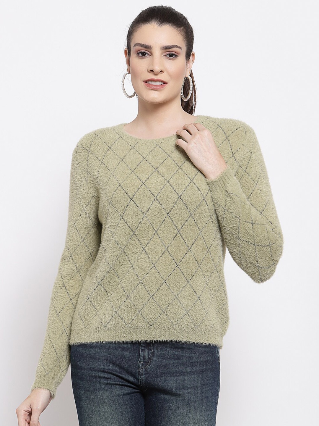 

Mafadeny Women Green Checked Pullover with Fuzzy Detail