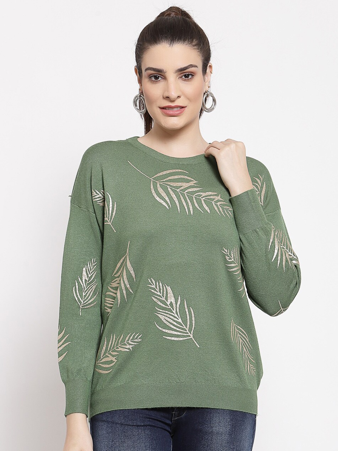 

Mafadeny Women Green & Gold-Toned Floral Printed Pullover