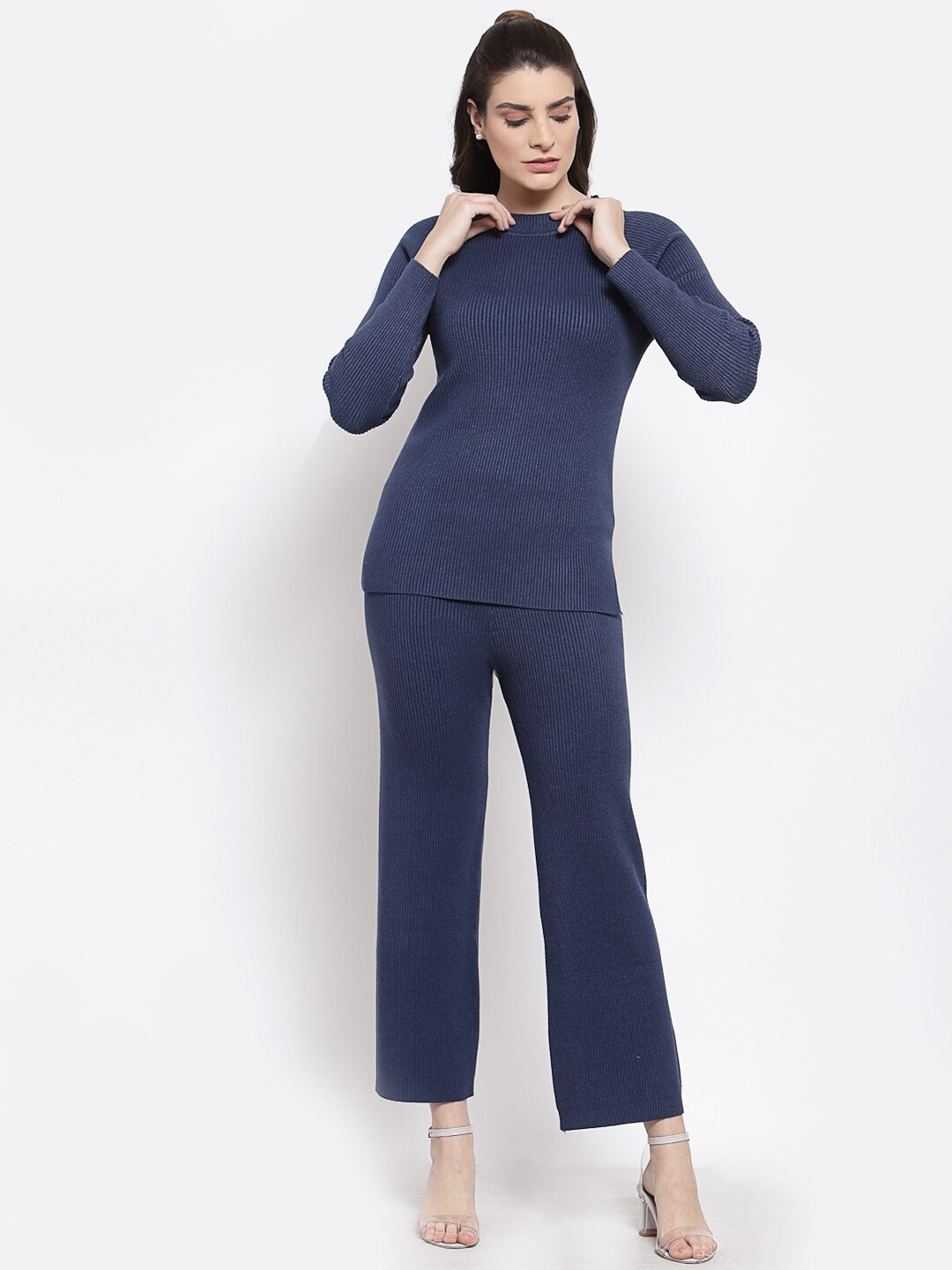 

Mafadeny Women Navy Blue Ribbed Pullover