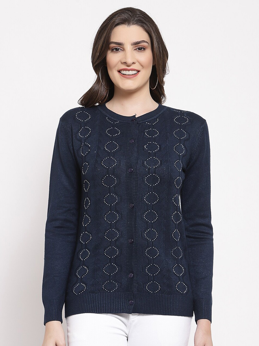 

Mafadeny Women Navy Blue & White Printed Cardigan