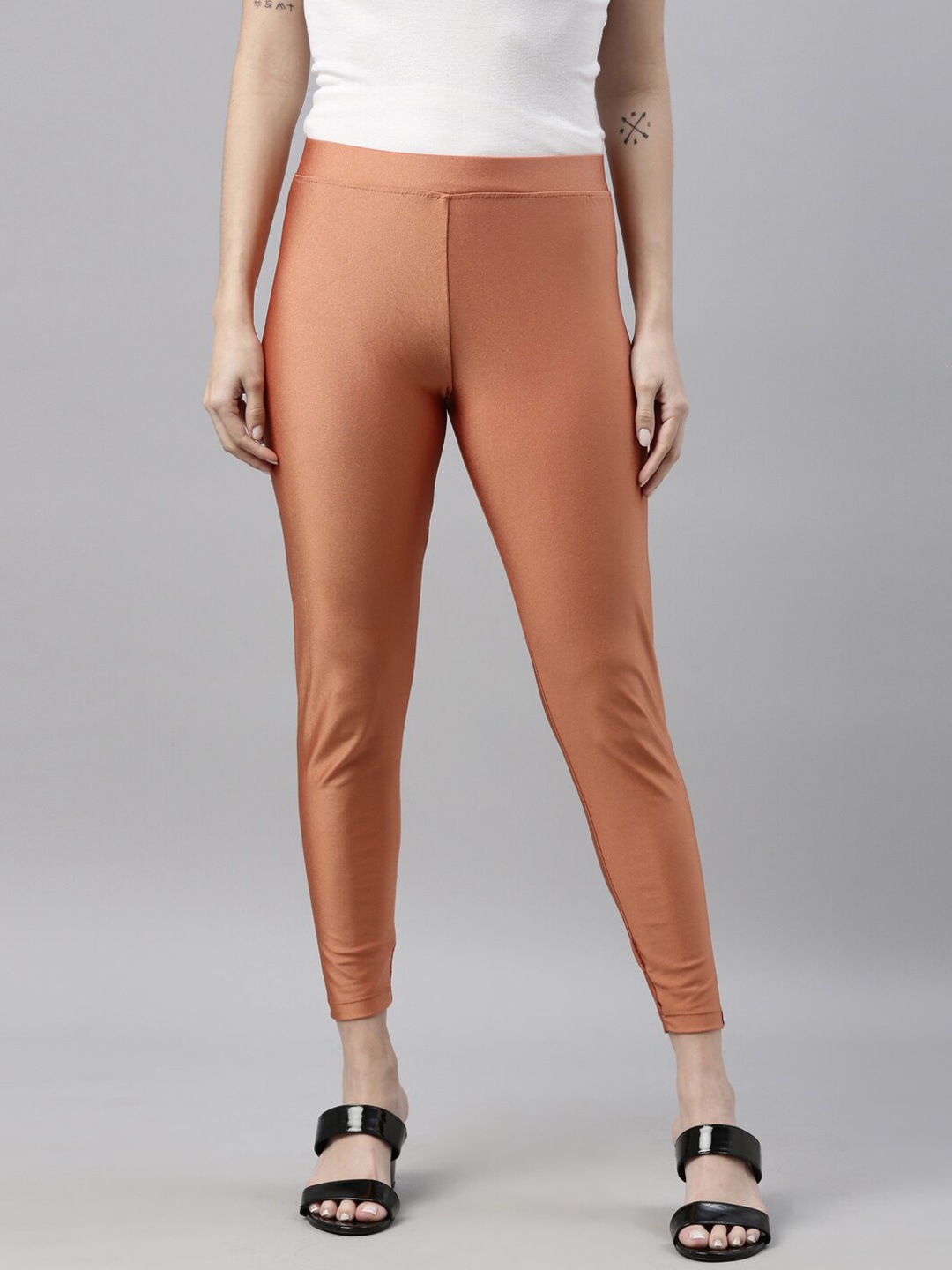 

TWIN BIRDS Women Copper Coloured Solid Shimmer Ankle Length Leggings