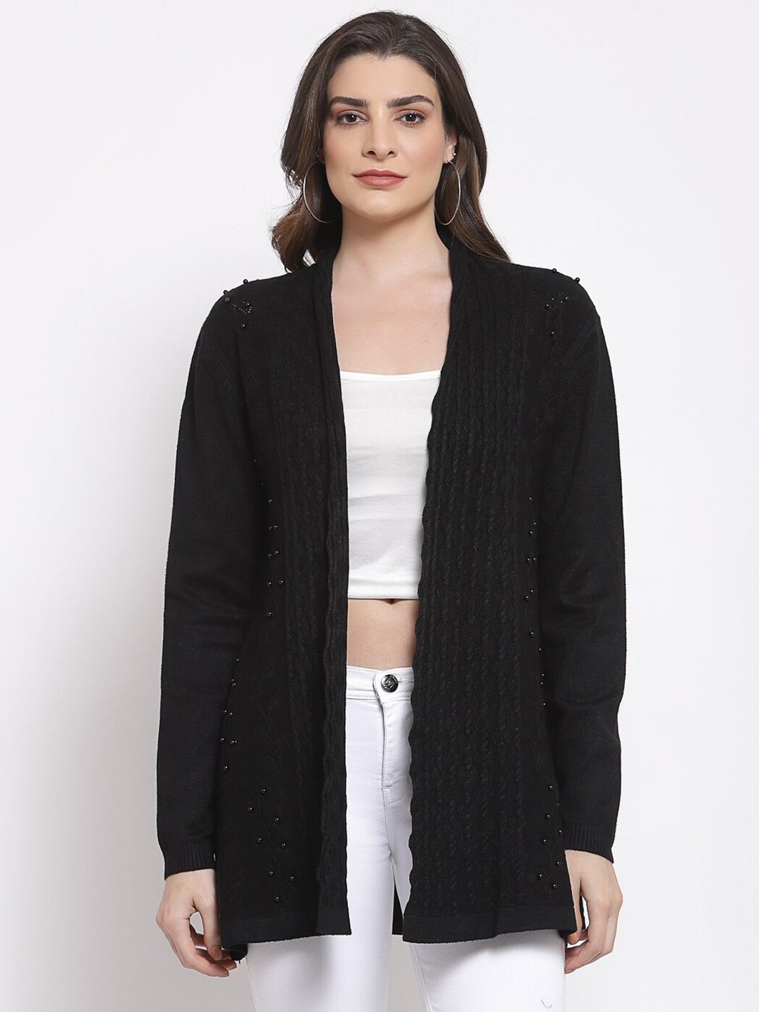 

Mafadeny Women Black Embellished Longline Sheer Lapel Shrug