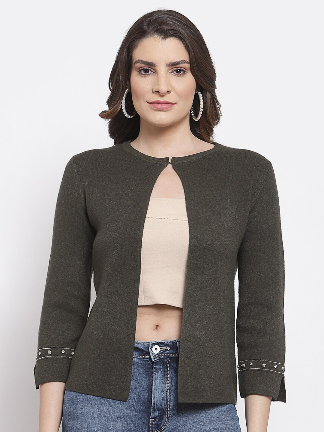 

Mafadeny Women Green Solid Open Front Shrug