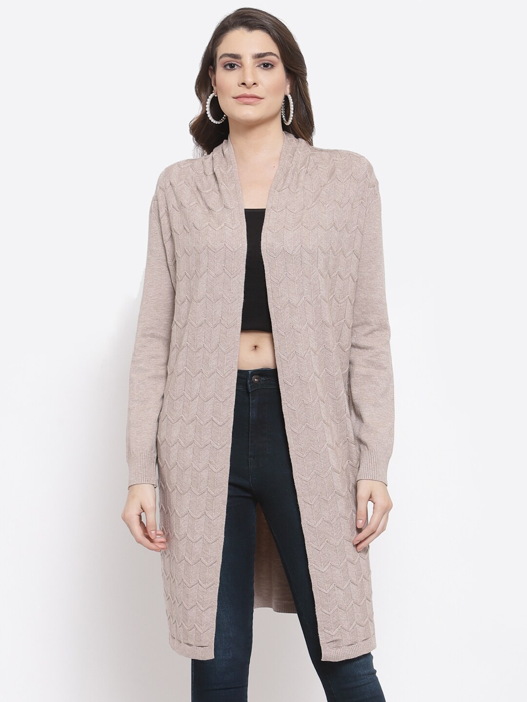 

Mafadeny Women Beige Longline Lapel Shrug