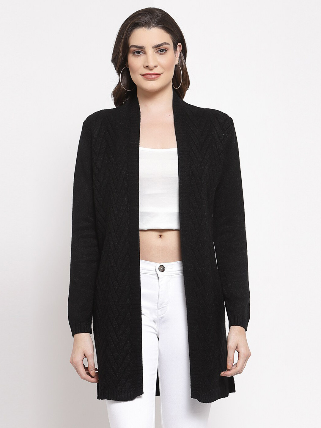 

Mafadeny Women Black Self-Design Longline Shrug