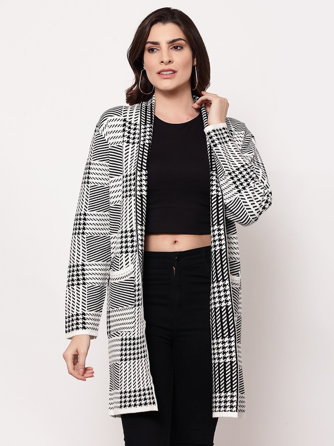 

Mafadeny Women White & Black Checked Longline Shrug