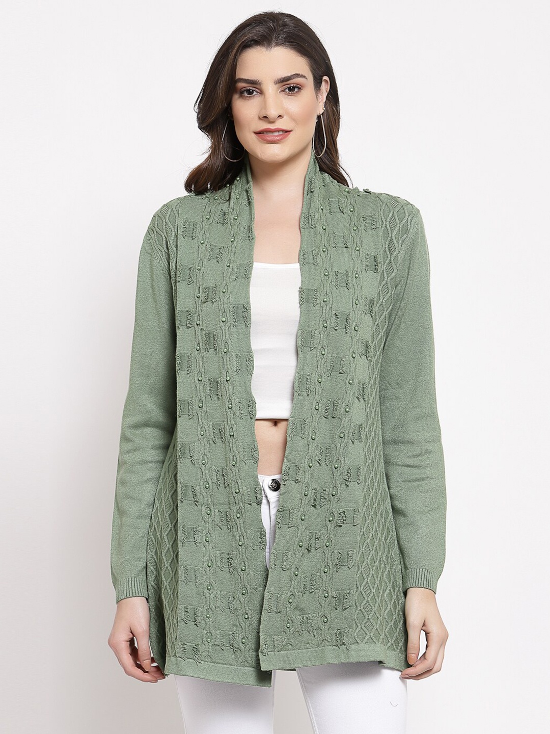 

Mafadeny Women Green Lapel Shrug