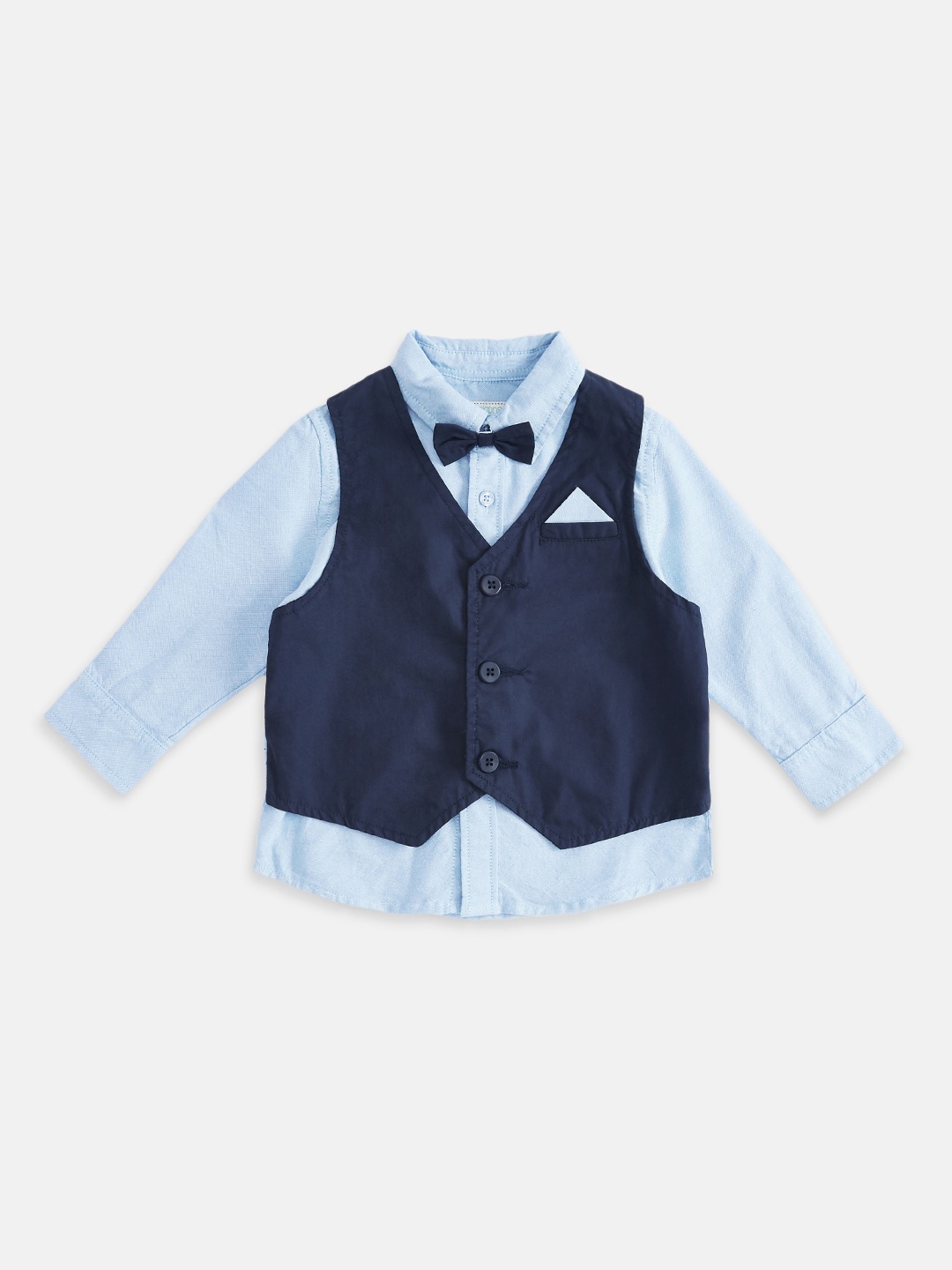 

Pantaloons Baby Boys Blue Solid Casual Pure Cotton Shirt With Waistcoat & Bow