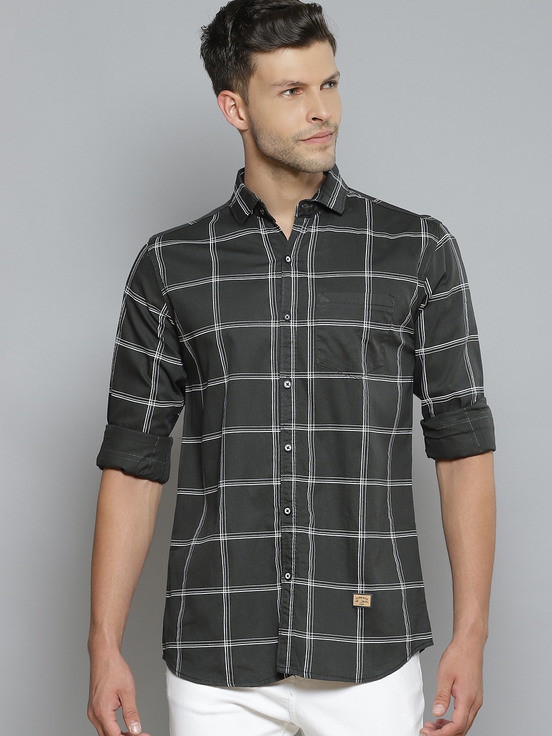 

DENNISON Men Olive Green Smart Slim Fit Windowpane Checks Opaque Checked Casual Shirt