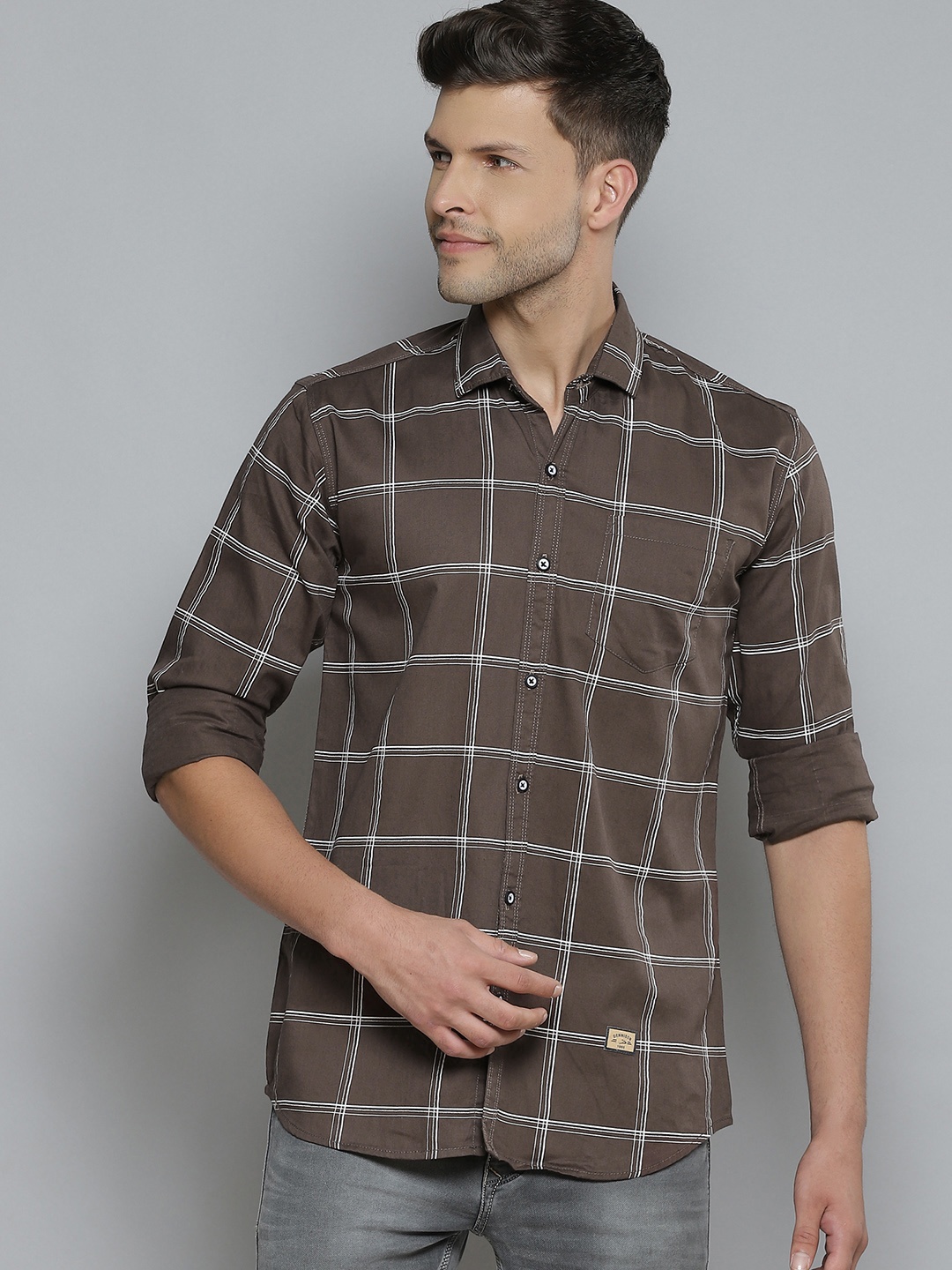 

DENNISON Men Burgundy & White Windowpane Checks Smart Slim Fit Opaque Casual Shirt