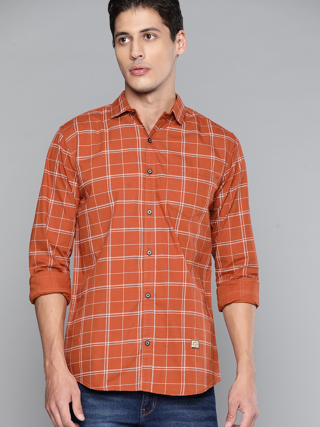 

DENNISON Men Orange Smart Slim Fit Windowpane Checked Casual Shirt