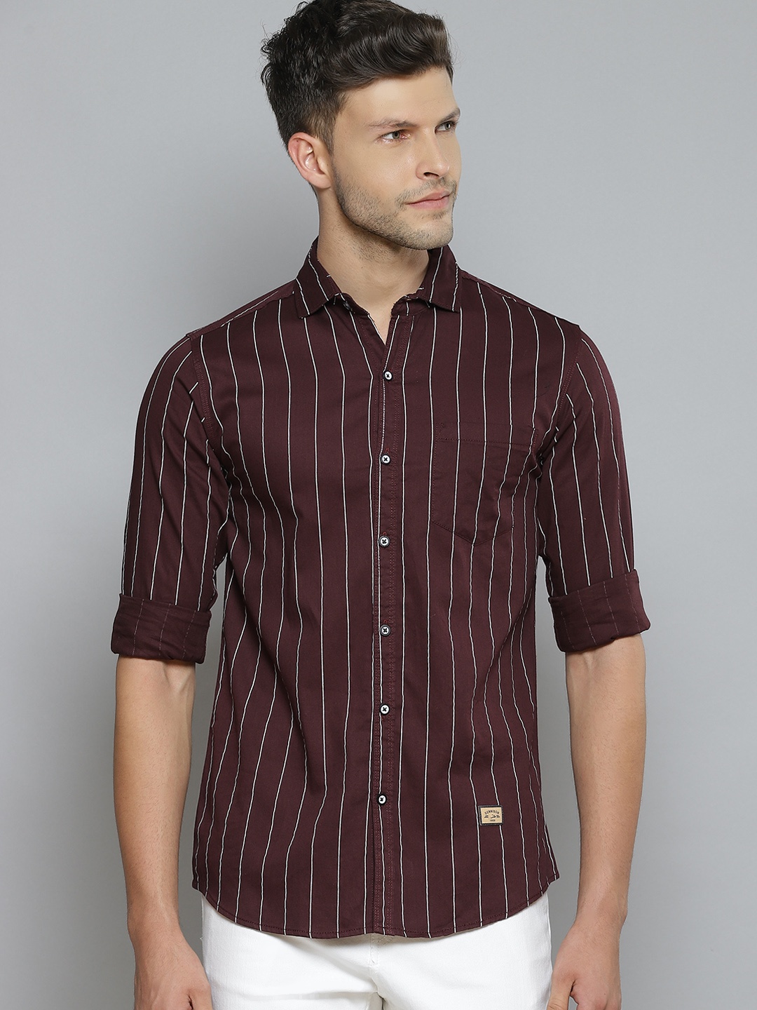 

DENNISON Men Burgundy Smart Slim Fit Pinstripes Opaque Striped Casual Shirt