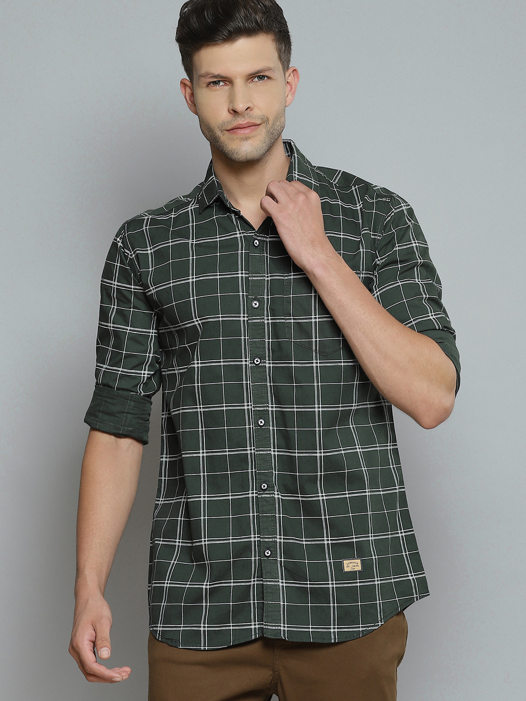 

DENNISON Men Green & White Checked Smart Slim Fit Opaque Casual Shirt