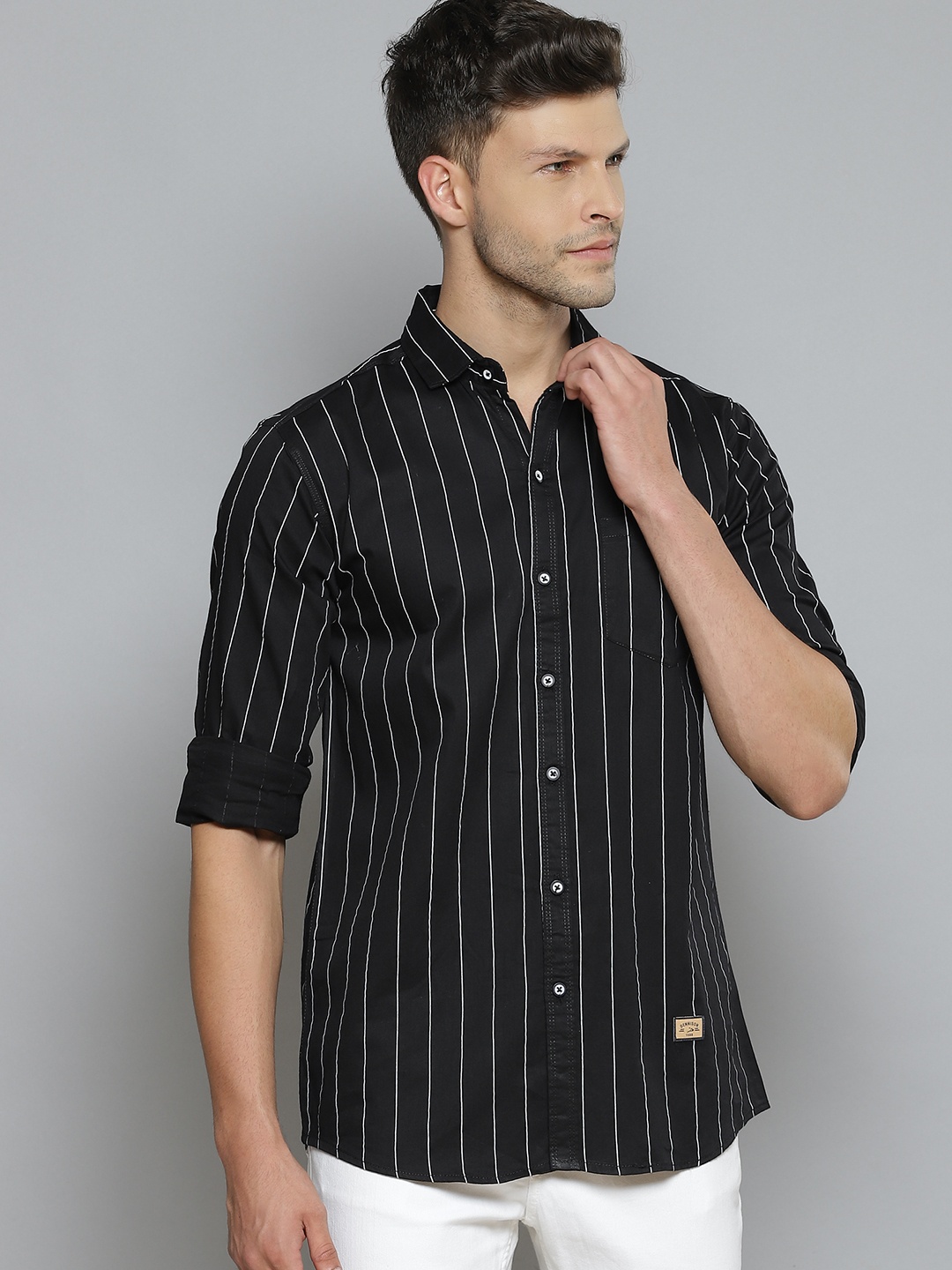 

DENNISON Men Black Smart Slim Fit Pinstripes Opaque Striped Casual Shirt