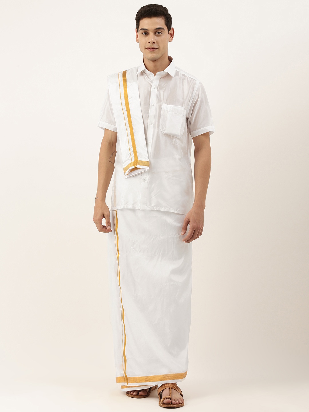 

MANAMAGAN Men White Shirt with Dhoti Pants Wedding Set