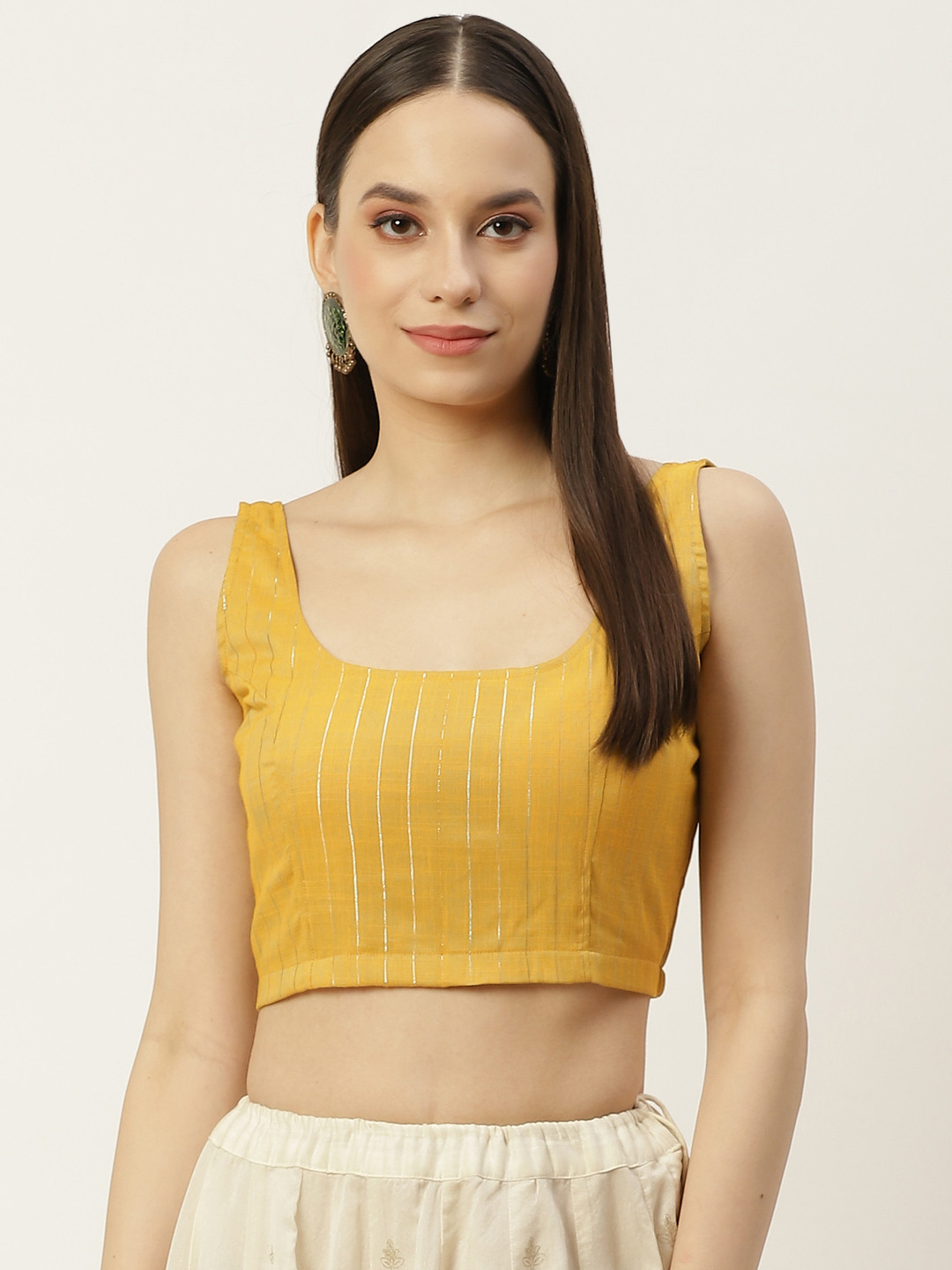 

Molcha Mustrad & Silver Metallic Woven Cotton Sleeveless Back Open Padded Blouse, Mustard