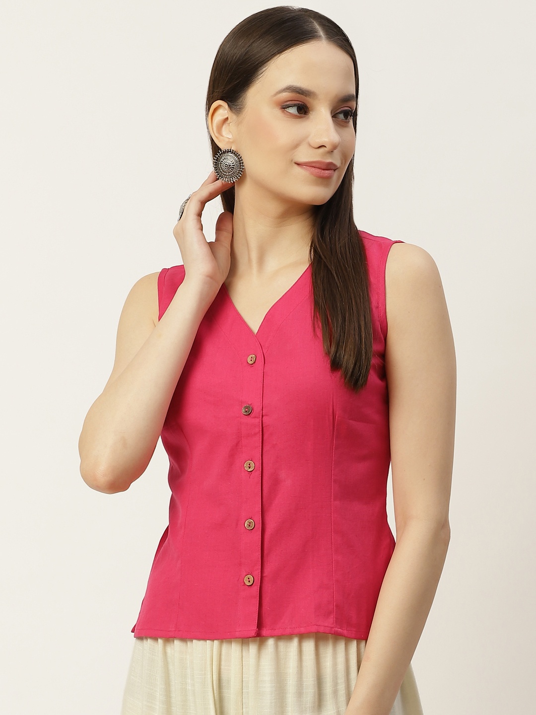 

Molcha Women Pink Solid Non Padded Front Open Cotton Long Blouse