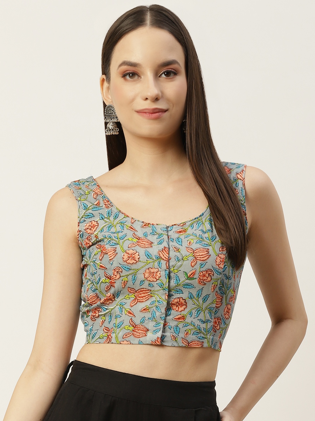 

Molcha Women Grey & Rustic Orange Non Padded Front Open Cotton Saree Blouse
