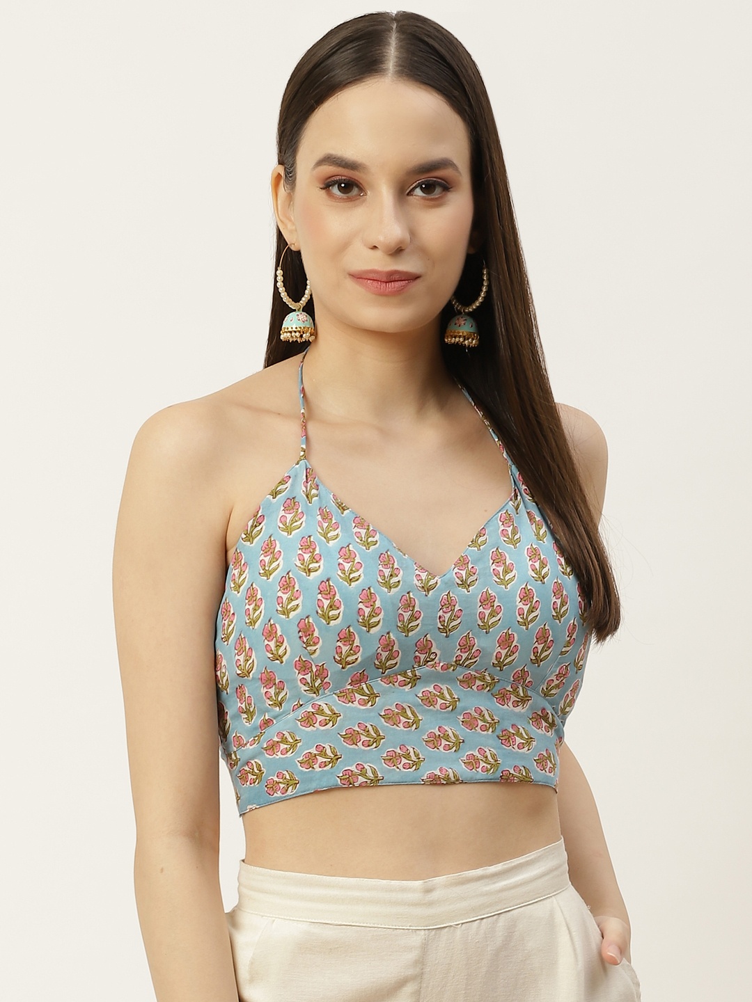 

Molcha Women Blue & Pink Printed Padded Tie Up Cotton Saree Blouse