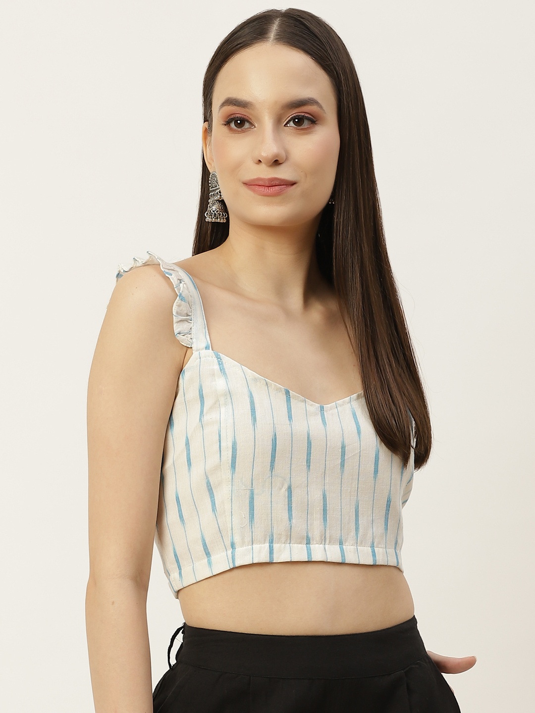 

Molcha Off-White & Teal Woven Design Ikat Cotton Saree Blouse with Frill Strap