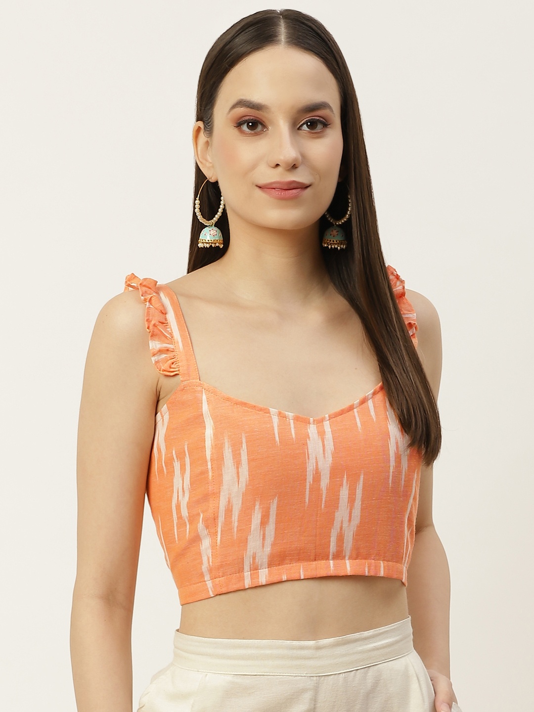 

Molcha Peach Cotton Ikat Non Padded Back Open Sleeveless blouse with Frill Strap