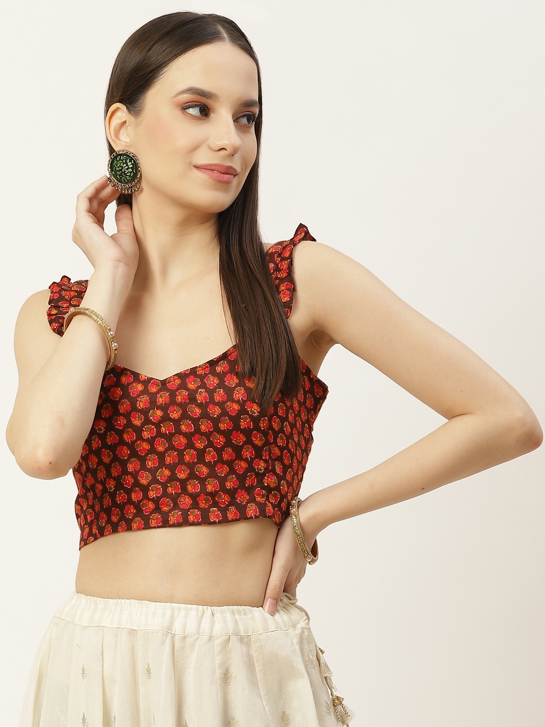 

Molcha Women Brown & Red Printed Non Padded Cotton Saree Blouse With Frill Strap