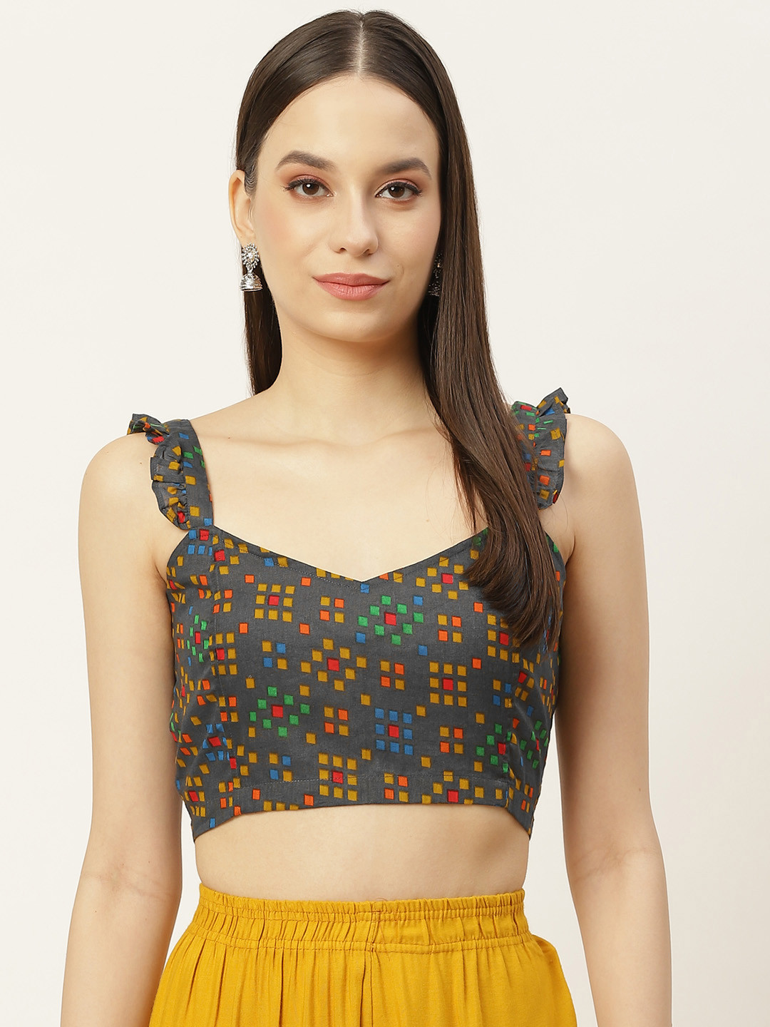 

Molcha Women Grey & Yellow Printed Non Padded Cotton Saree Blouse With Frill Strap