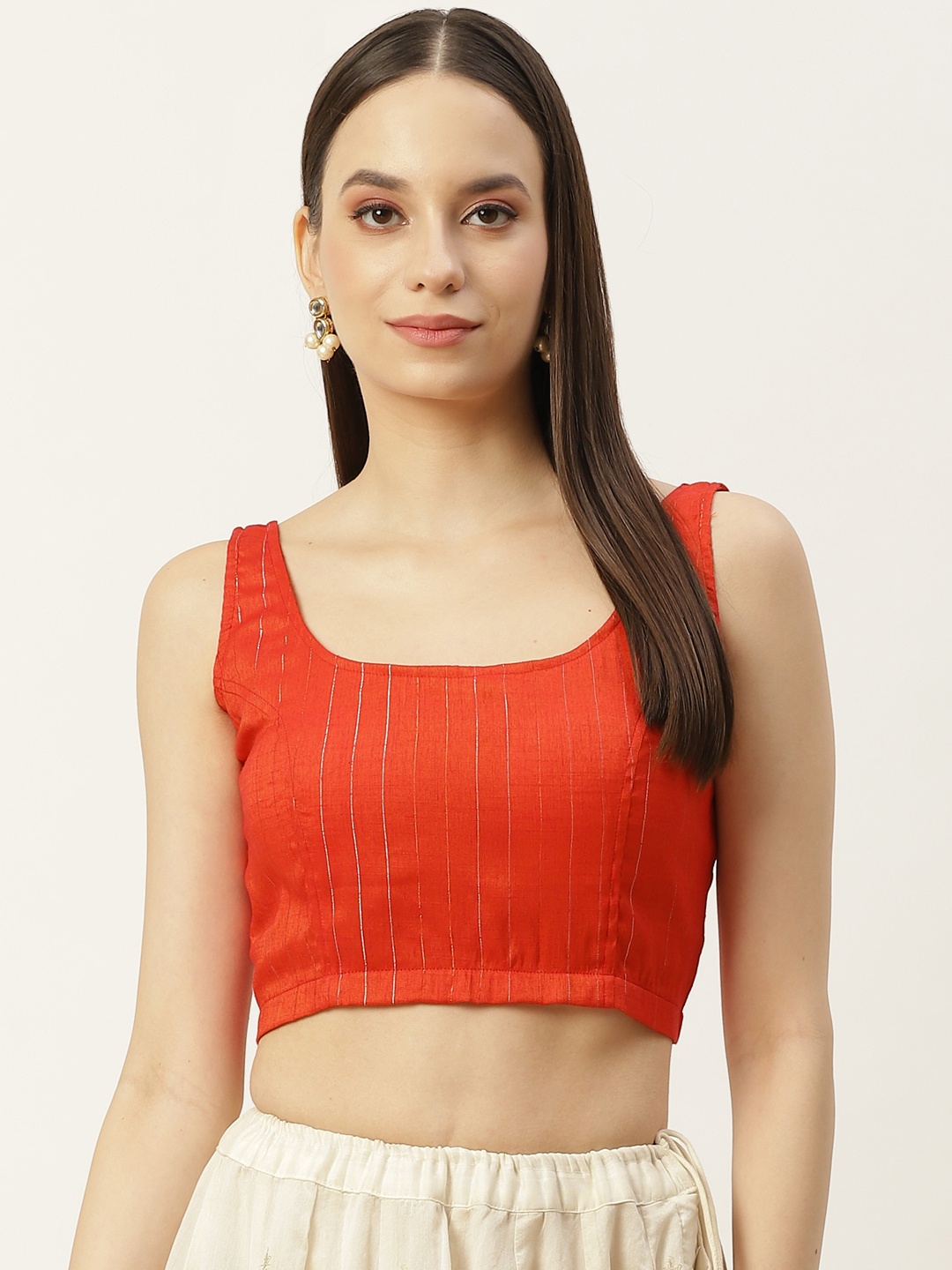 

Molcha Women Orange Striped Padded Cotton Saree Blouse, Red