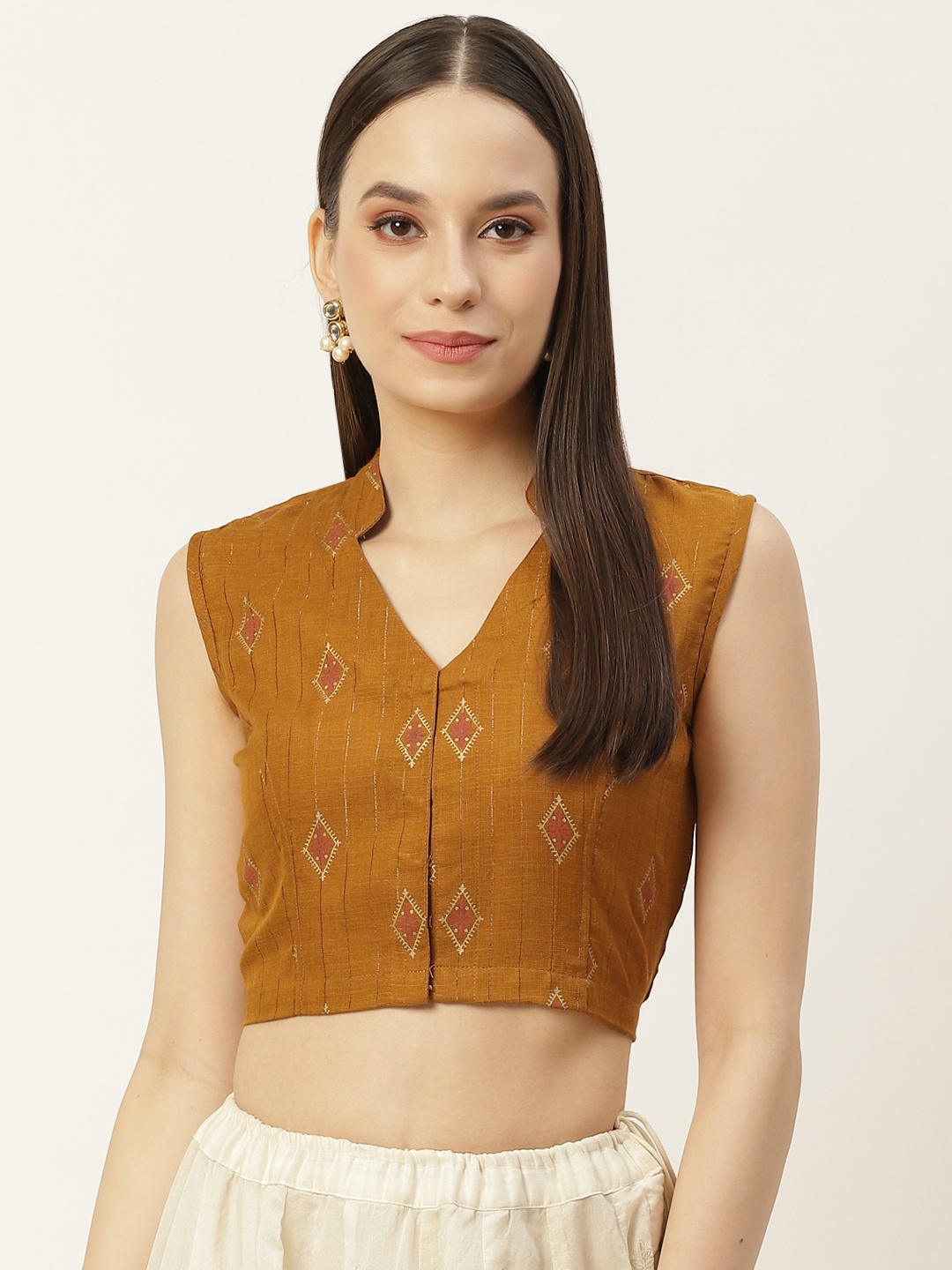 

Molcha Mustard & Gold Ethnic Metallic Printed Front Open Cotton Sleeveless Blouse