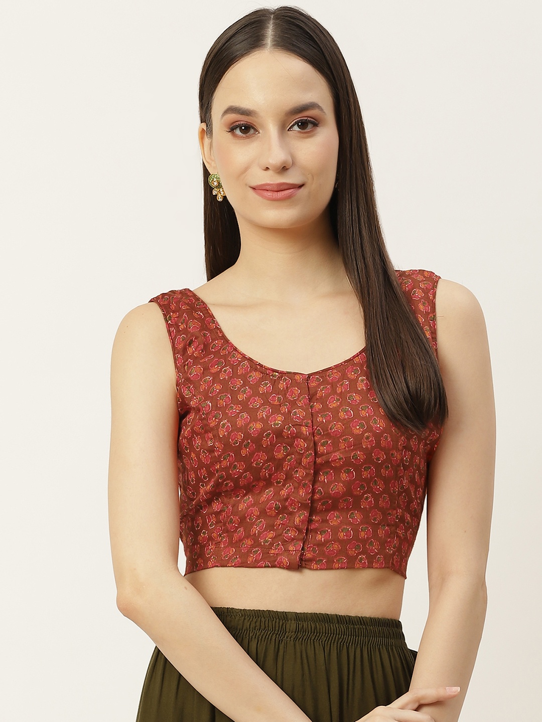 

Molcha Women Brown Printed Pure Cotton Saree Blouse