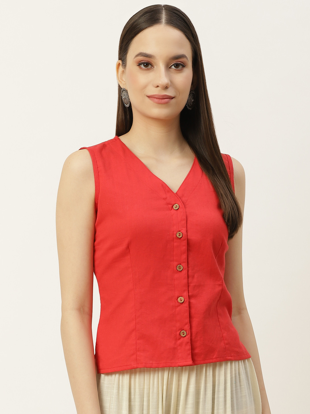 

Molcha Red Non Padded Front Open Cotton Long Blouse
