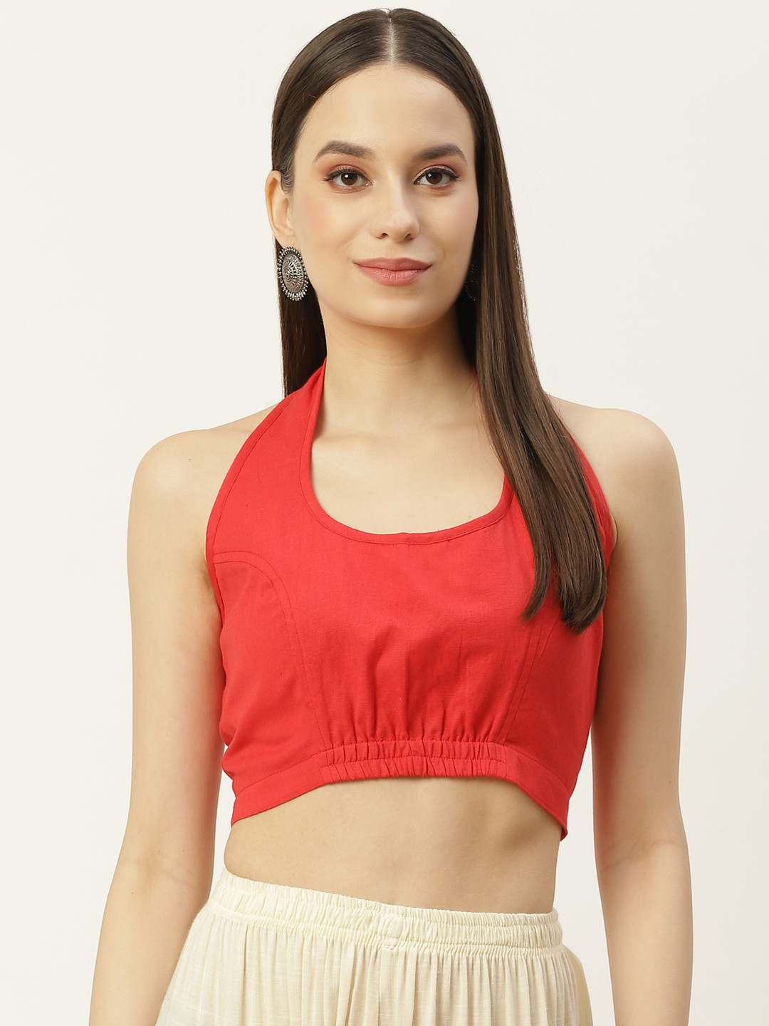 

Molcha Red Non Padded Back Open Halter Neck Cotton Blouse