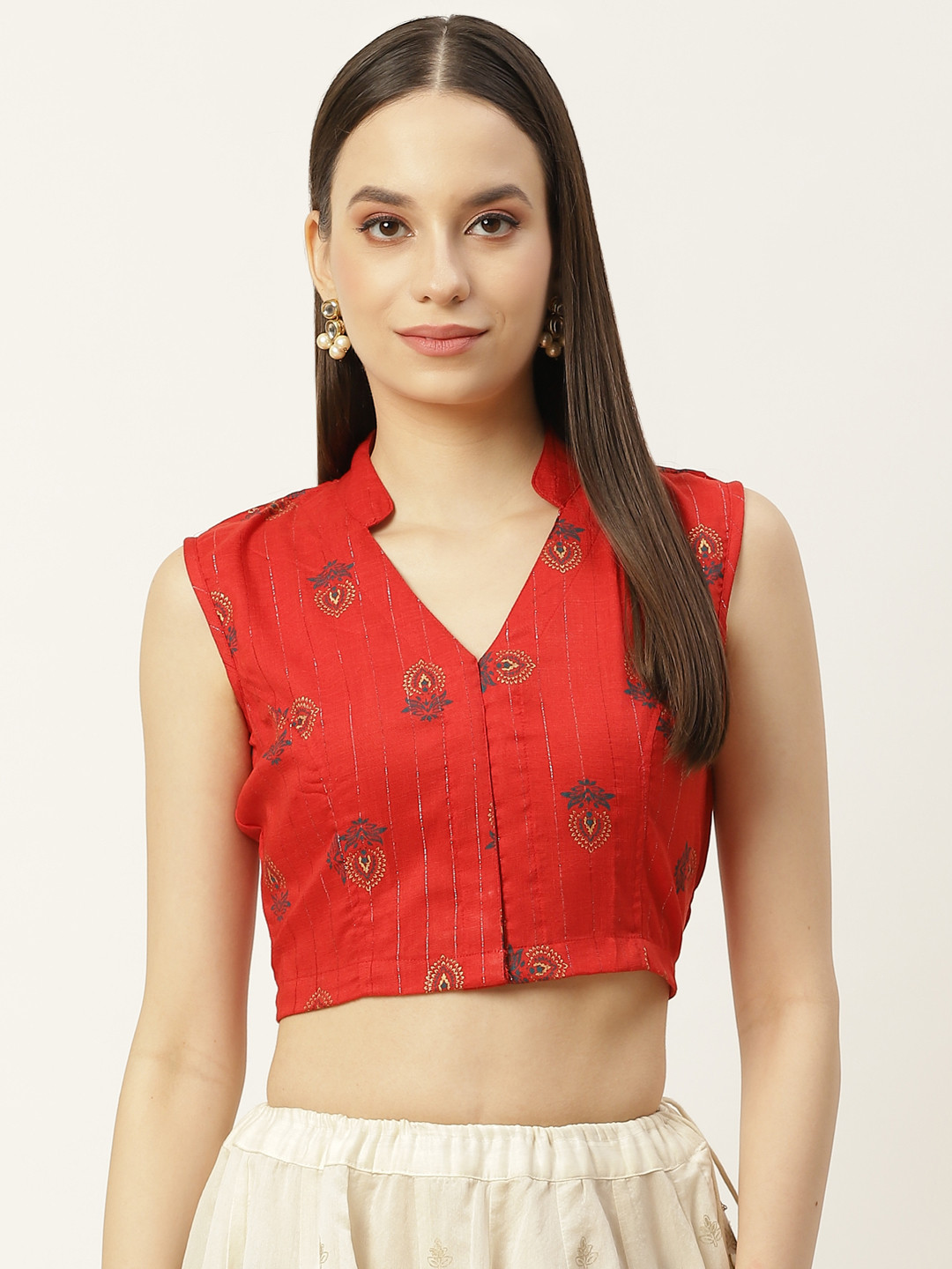 

Molcha Red & Gold Ethnic metallic Printed Non Padded Front Open Cotton Sleeveless Blouse