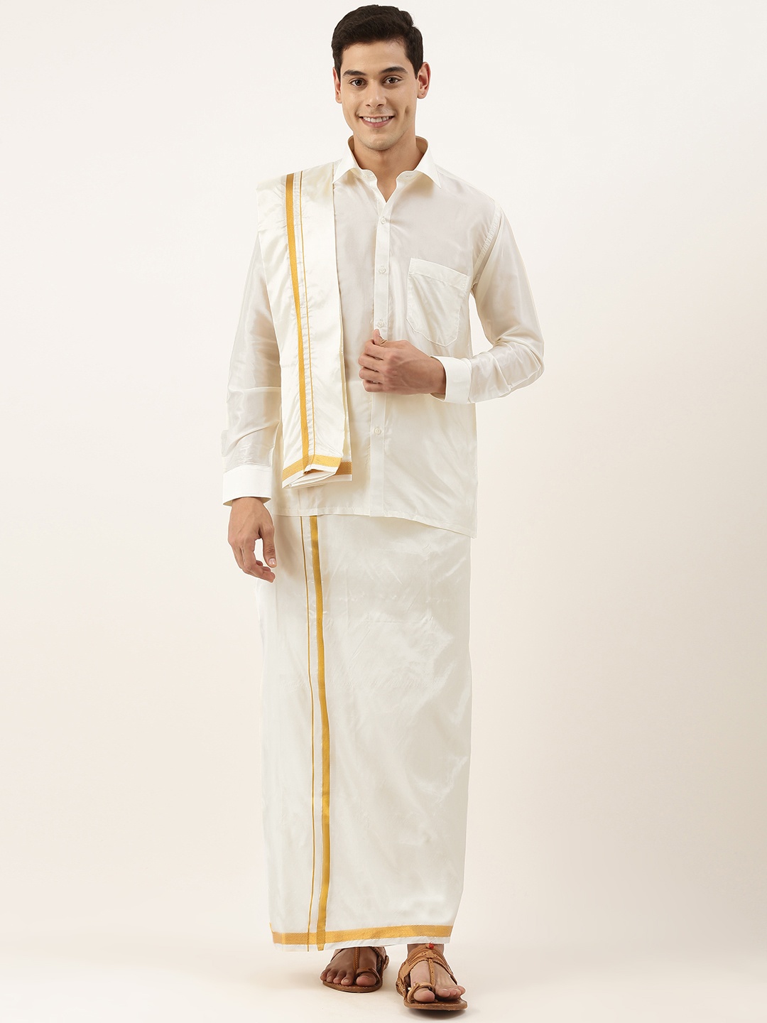 

MANAMAGAN Men Beige & White Shirt with Dhoti Pants Wedding Set
