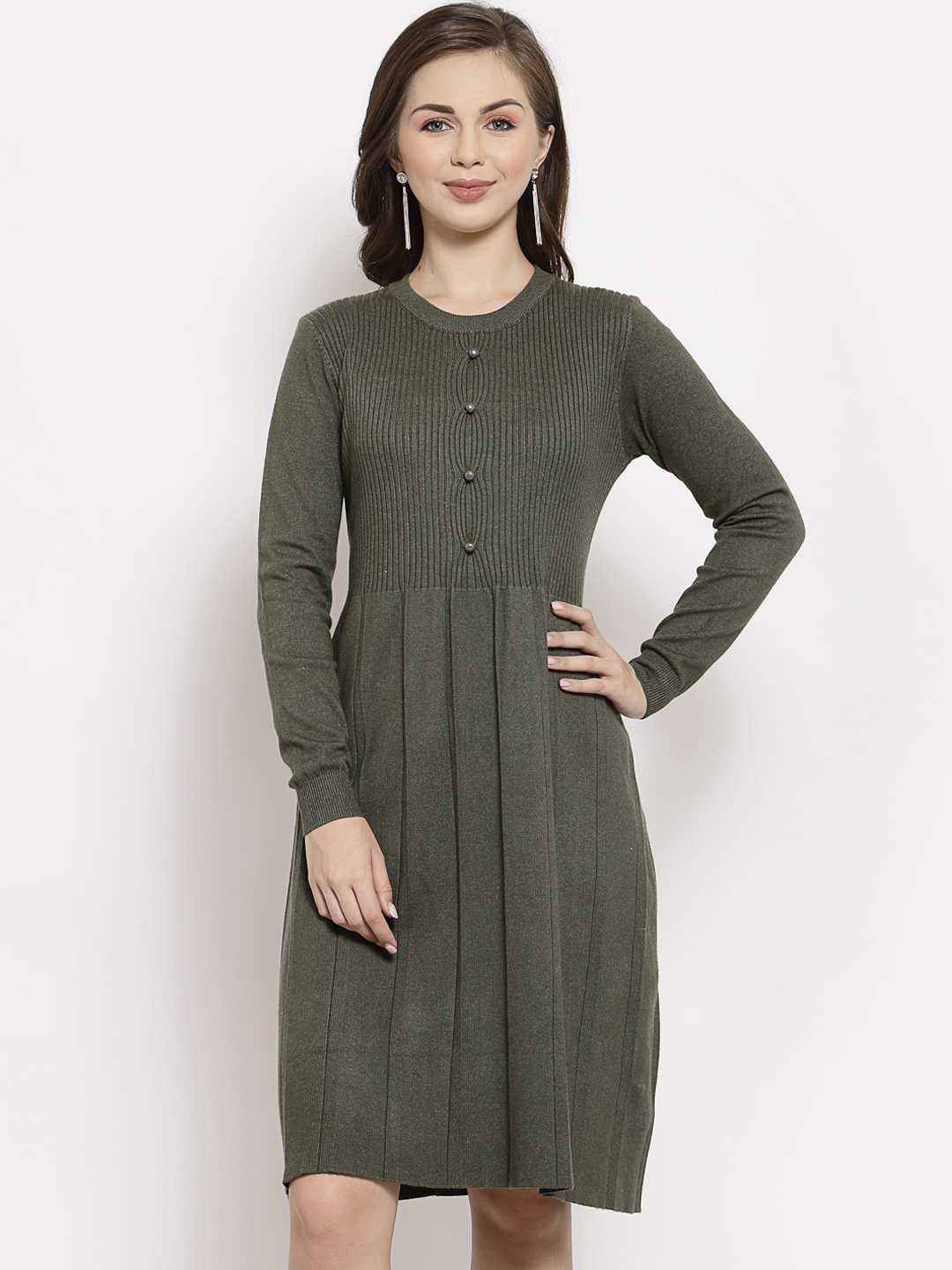 

Mafadeny Olive Green A-Line Dress