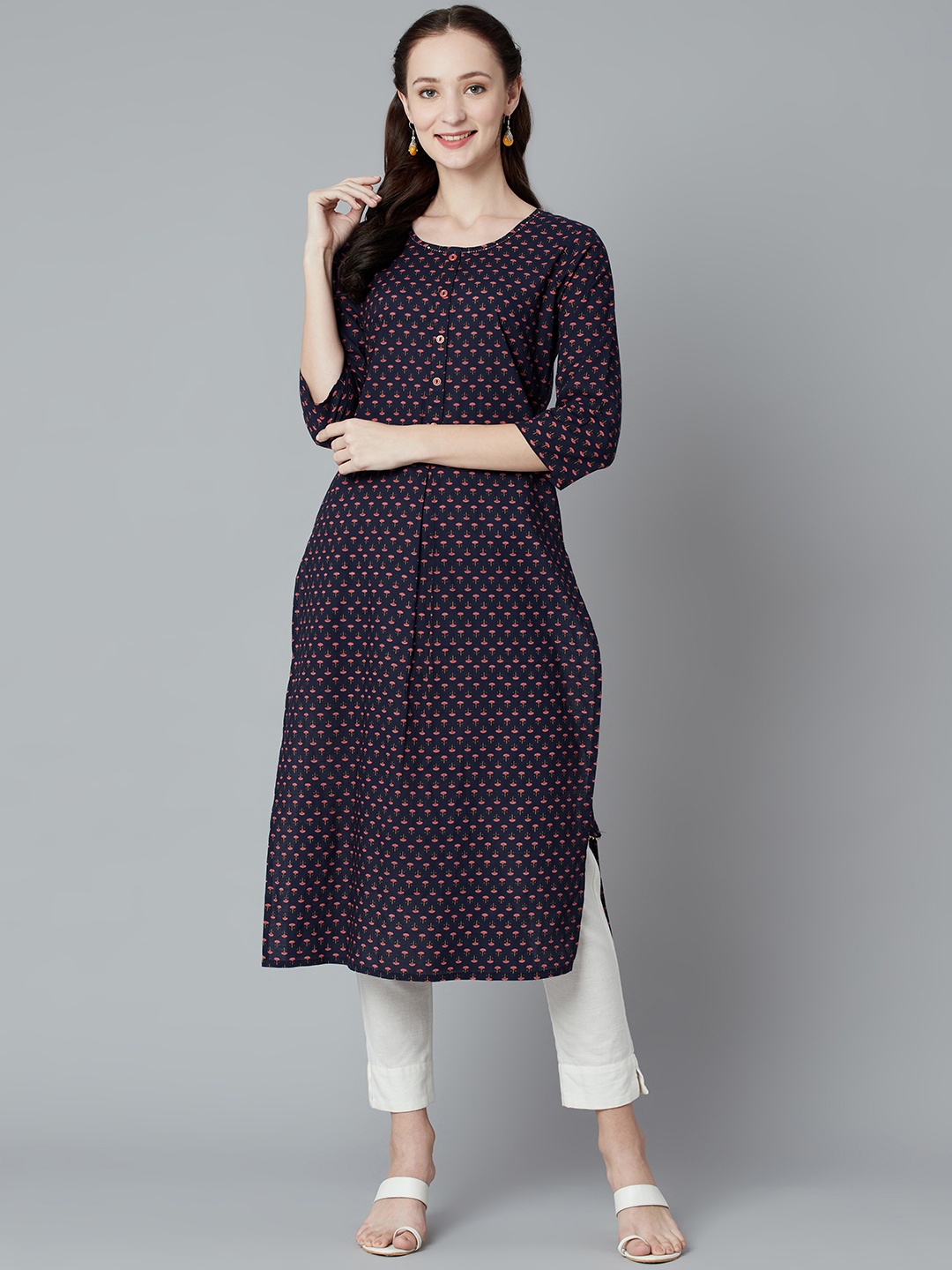 

PIROH Women Navy Blue & Red Floral Printed Indigo Kurta