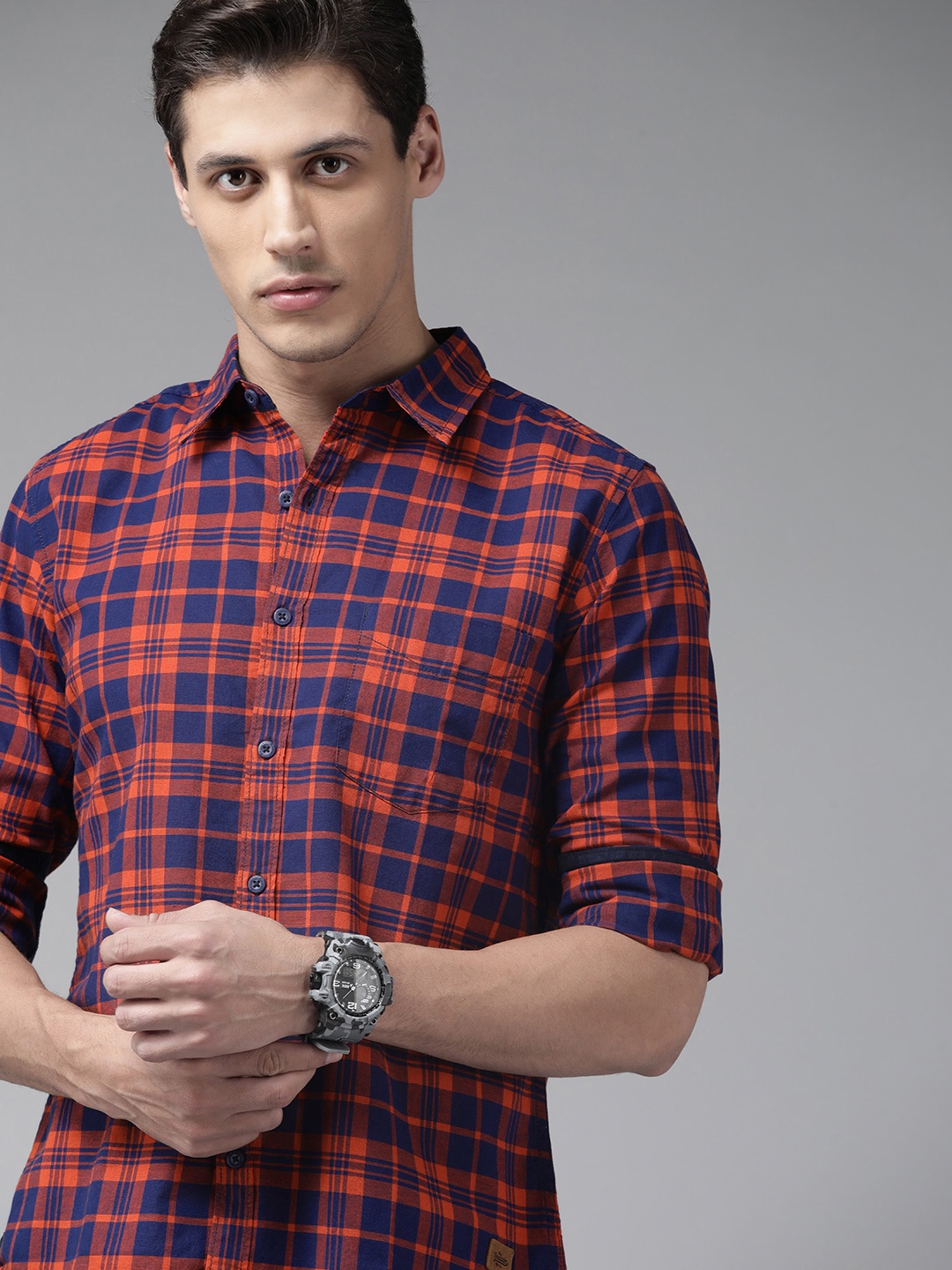 

Roadster Men Navy Blue & Orange Tartan Checks Pure Cotton Opaque Casual Shirt