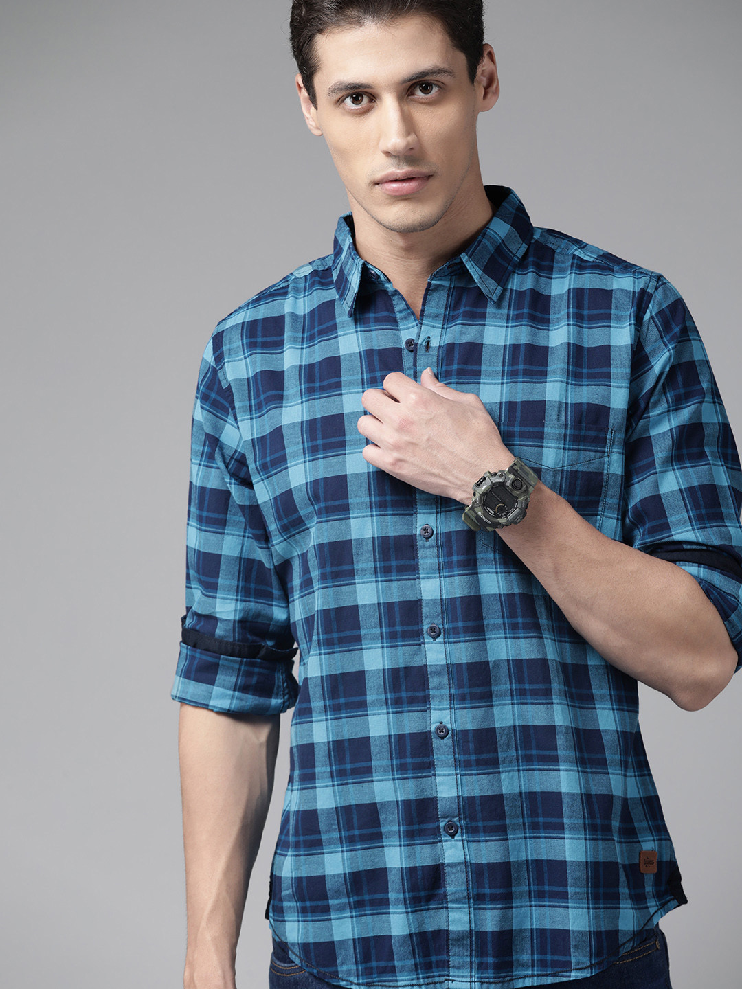 

Roadster Men Blue Tartan Checks Pure Cotton Opaque Sustainable Casual Shirt