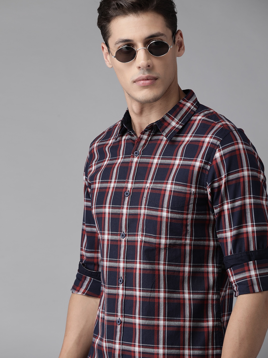 

Roadster Men Navy Blue & Red Tartan Checks Cotton Sustainable Casual Shirt