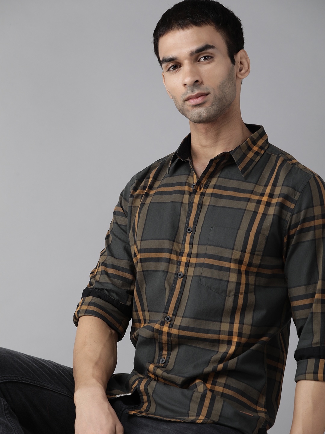 

Roadster Men Green & Mustard Yellow Cotton Tartan Checks Opaque Checked Sustainable Casual Shirt