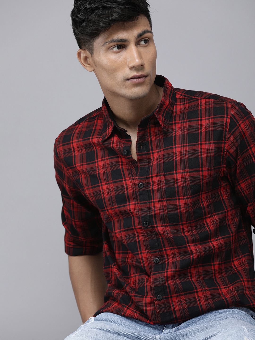 

Roadster Men Red & Black Tartan Checks Checked Pure Cotton Casual Shirt