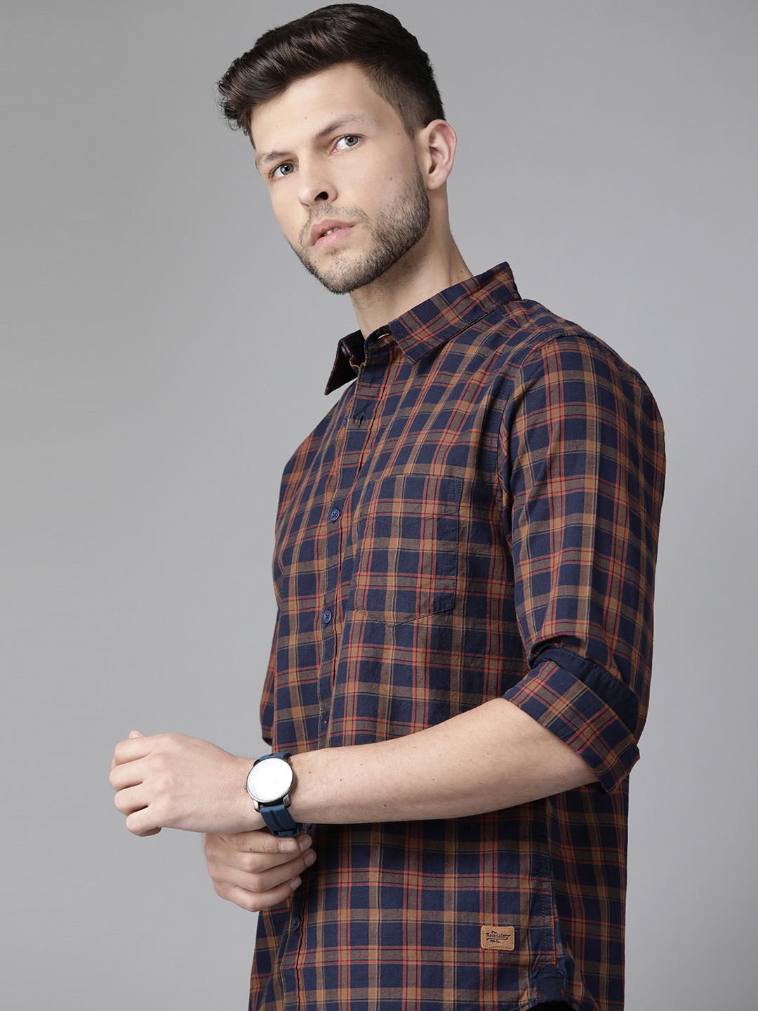 

Roadster Men Navy Blue & Brown Tartan Checked Pure Cotton Sustainable Casual Shirt