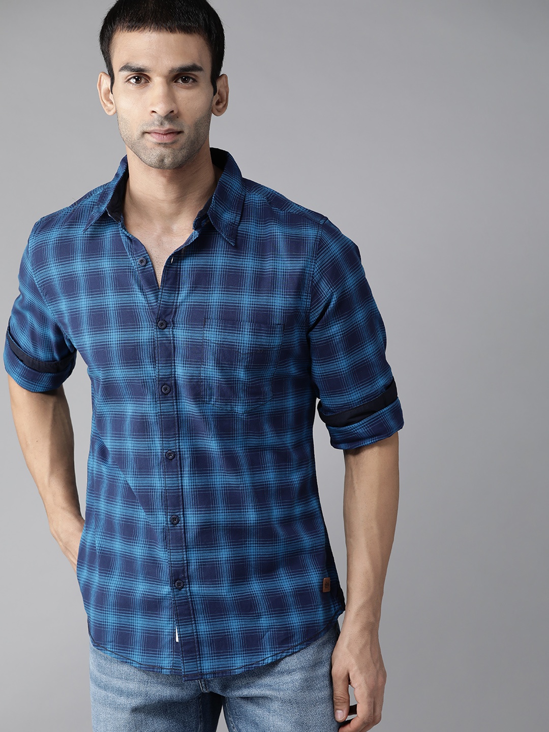 

Roadster Men Blue Cotton Tartan Checks Opaque Checked Sustainable Casual Shirt